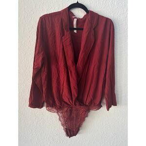Free People Intimately Red Boho Bodysuit Snap Closure Top Blouse Medium $89